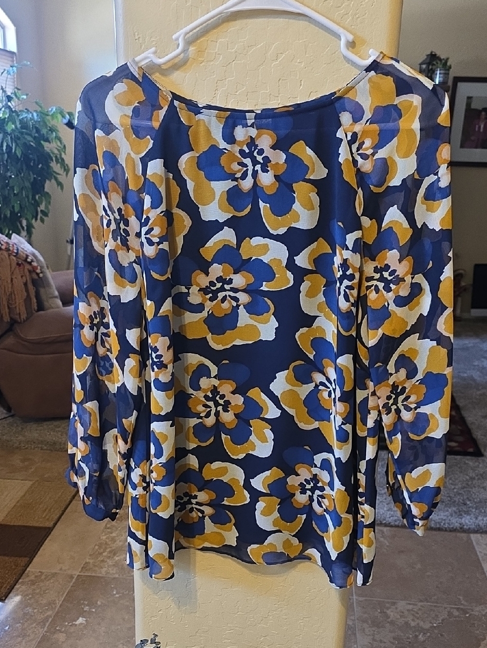 CAbi Navy, Mustard & White Floral Blouse